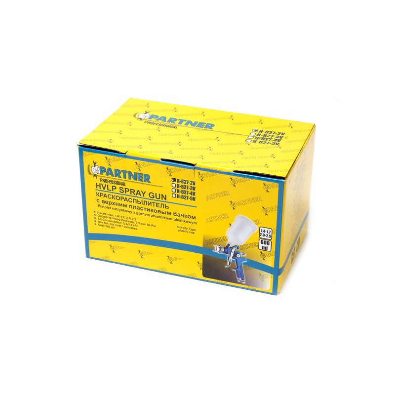 Краскораспылитель с верхним пластиковым бачком (бачок 600мл, сопло 1.7мм, 3.5bar, 70-100 л/мин, присоед. резьба 1/4") Partner H-827-3V