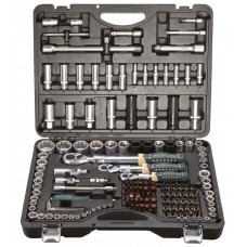 Набор инструмента 150+6 предметов 1/4" 3/8" 1/2"(6-гр.)(4-36мм; 3/8":10-19мм 12гр.; 1/2":27,30,32,36-12гр.)+(биты 5/16":М6,8,10,12,14; гибкий удлинитель 1/4") ROCKFORCE RF-41501-5 PREMIUM