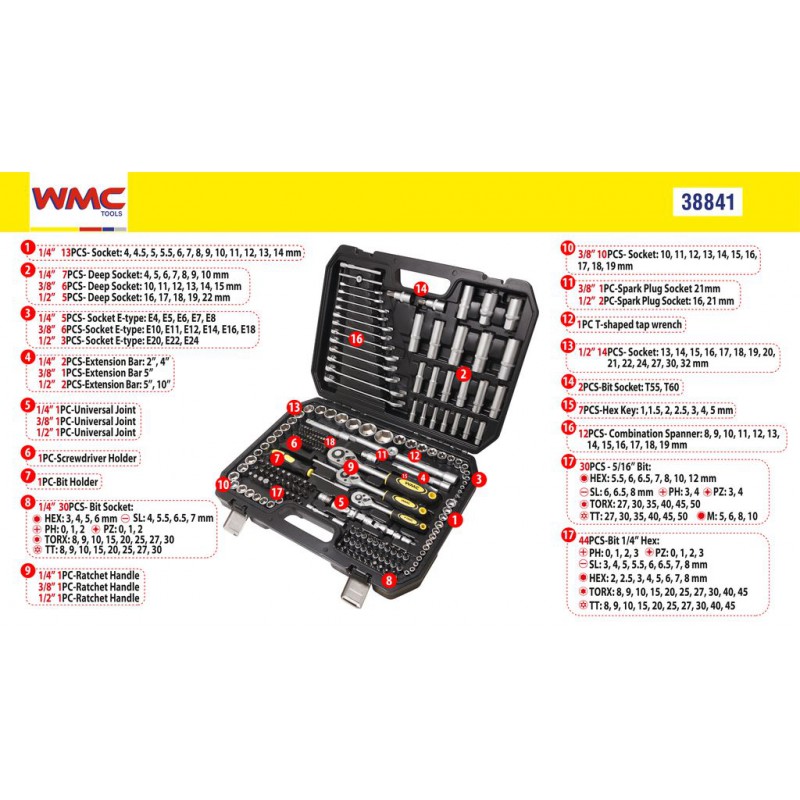 Набір інструментів 216 предметів 1/4«, 3/8», 1/2» WMC TOOLS 38841