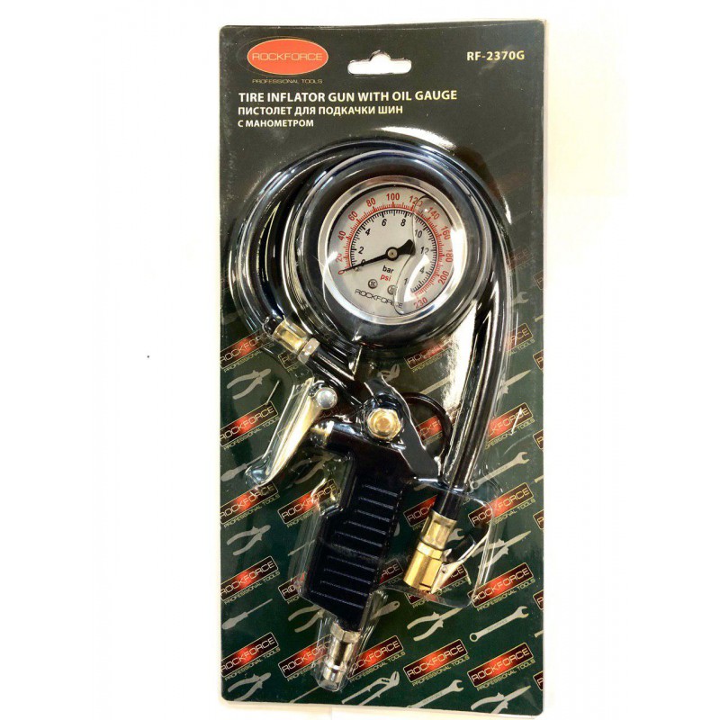 Пистолет для подкачки шин с аналоговым манометром и шлангом (0-16bar, манометр заполнен глицирином), в блистере ROCKFORCE RF-2370G