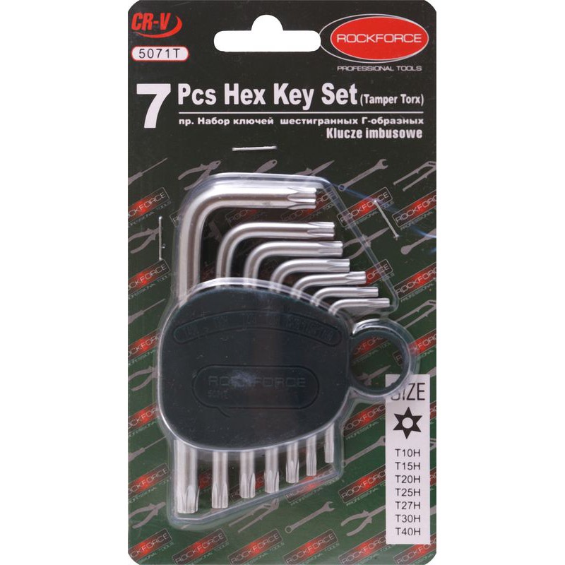 Набор ключей Г-образных TORX 7 предметов(Т10Н,Т15Н,Т20Н,Т25Н,Т27Н,Т30Н,Т40Н-с отверстием) в пластиковом держателе ROCKFORCE RF-5071T