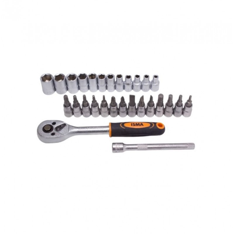 Набір головок і біт із тріскачкою 28пр. 1/4''(4-13мм, Torx:T10,15,20,25,30, Hex:3-6мм,SL:4,5.5,7мм, PH1,2),у пластиковому тримачі IS-2028-5