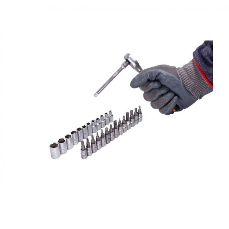 Набір головок і біт із тріскачкою 28пр. 1/4''(4-13мм, Torx:T10,15,20,25,30, Hex:3-6мм,SL:4,5.5,7мм, PH1,2),у пластиковому тримачі IS-2028-5