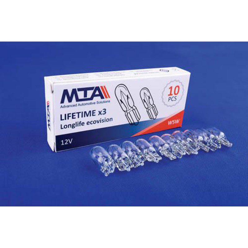 Лампа автомобільна 12V 3W W5W (вказівники повороту (бокові), габарити, стоянкове освітлення/габаритні) (10шт) MTA