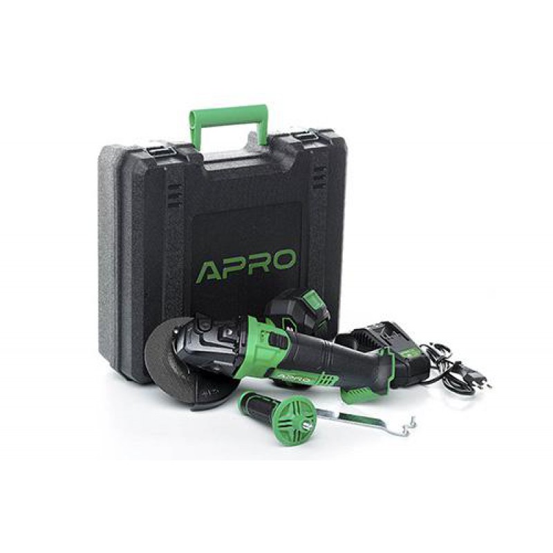 Углошлифовальная машина (болгарка) APRO 20В, 125мм, 4А, 20AG, 1 АКБ, ЗУ, кейс