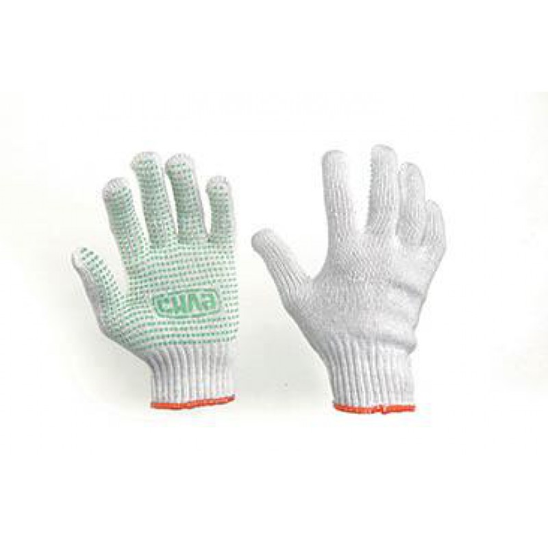 Перчатки Х/Б с ПВХ точкой р10 (белые+зеленый ПВХ мастер) СИЛА