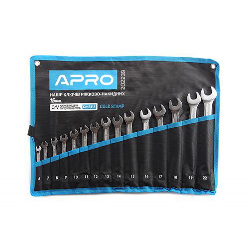 Набор ключей рожково-накидных CrV 15 шт (6-19, 22мм) (холодный штамп DIN3113) APRO