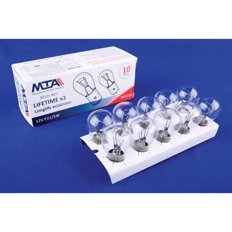 Лампа автомобільна 12V 21/5W BaY15d P21/5W (стоп-сигнали/габарити, ліхтарі заднього ходу, задні протитуманні ліхтарі) (2-х контактна) (10шт) MTA