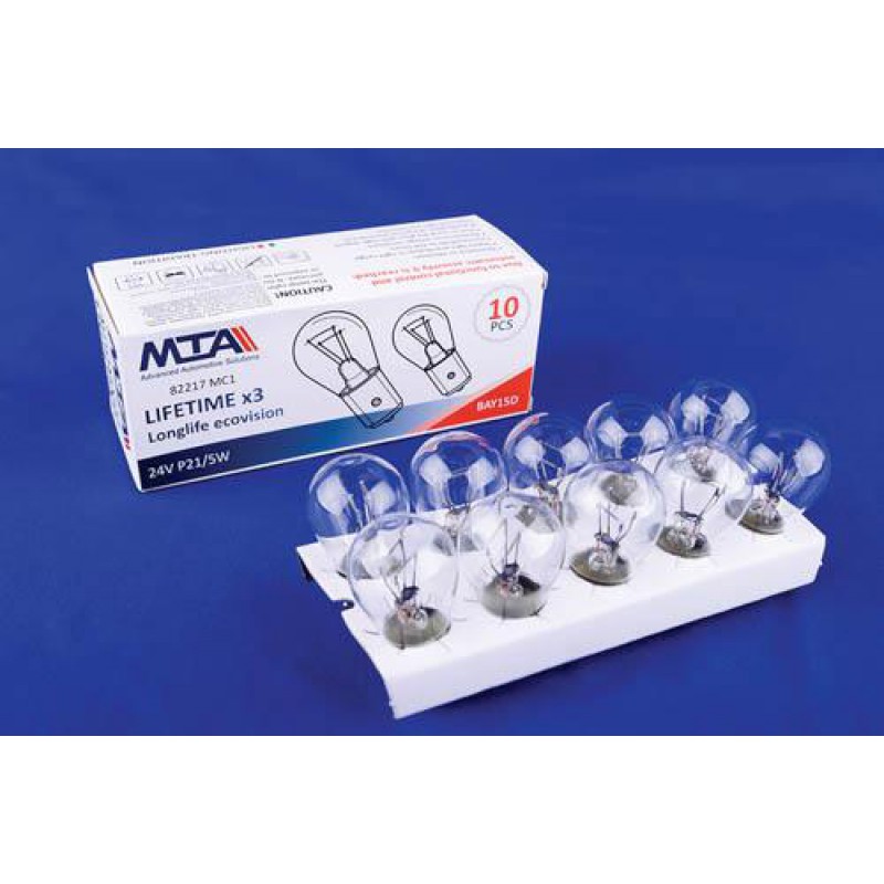 Лампа автомобільна 24V 21/5W BaY15d P21/5W (стоп-сигнали/габарити, ліхтарі заднього ходу, задні протитуманні ліхтарі) (2-х контактна) (10шт) MTA
