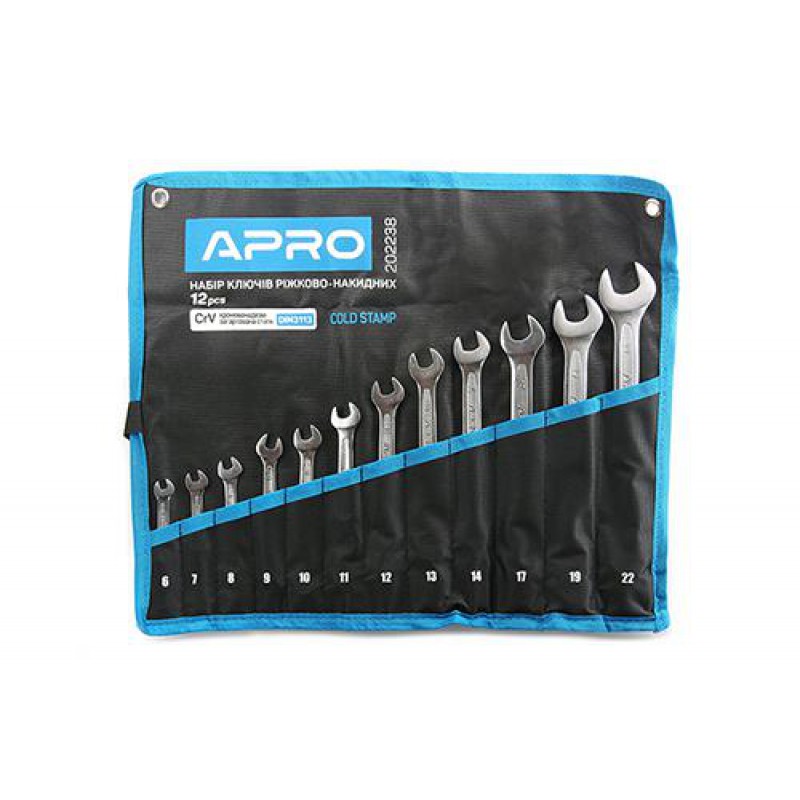 Набор ключей рожково-накидных CrV 12 шт (6-14, 17, 19, 22мм) (холодный штамп DIN3113) APRO