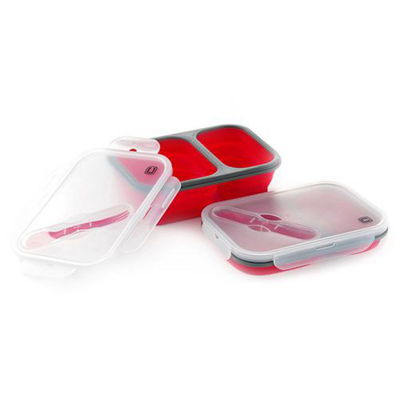 Ланчбокс складной с крышкой-защелкой и ловилкой красный 400мл/650мл СИЛА