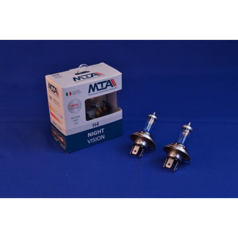 Лампа автомобільна H4 12V 60/55W P43T NIGHT VISION +80% (2шт) (ближня/дальня, протитуманна) MTA