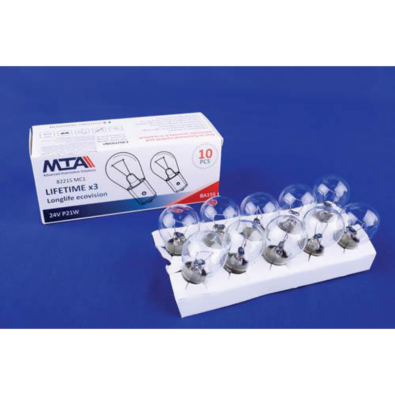Лампа автомобильная 24V 21W Ba15s P21W (указатели поворота перед, зад, стоп-сигналы, габариты, фонари заднего хода, задние противотуманные фонари) (10шт) MTA