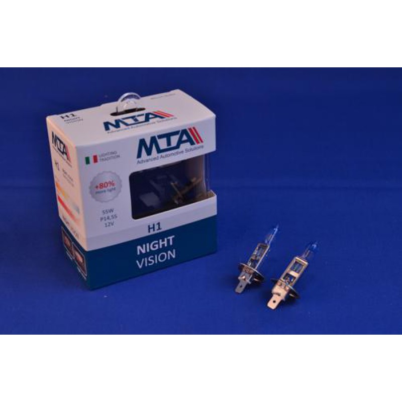 Лампа автомобільна H1 12V 55W P14.5S NIGHT VISION +80% (2шт) (ближня/дальня, протитуманна) MTA