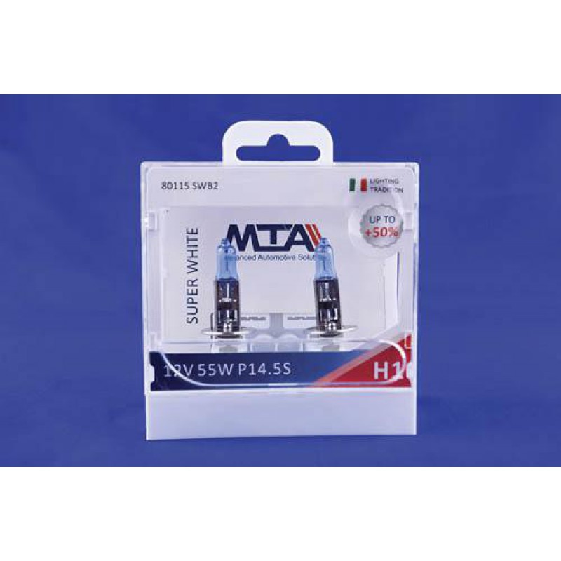 Лампа автомобільна H1 12V 55W P14.5S SUPER WHITE (ближня/дальня, протитуманна) (світло-блакитний) (2шт) MTA