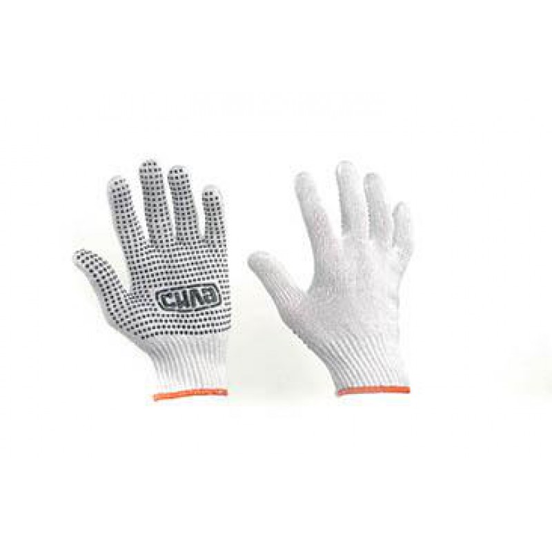 Перчатки Х/Б с ПВХ точкой р10 (белые+черные ПВХ эконом) СИЛА
