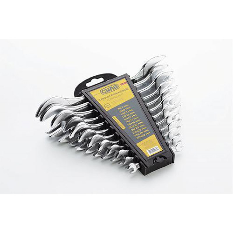 Набор ключей рожковых Стандарт CrV 6х7, 8х9, 10х11, 12х13, 14х15, 16х17, 18х19, 20х22, 21х23, 24x27, 25х28, 30х32мм (12шт) СИЛА