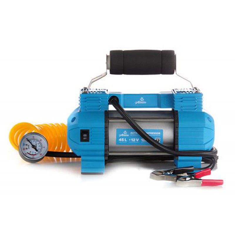 Компрессор автомобильный двухпоршневой (45 л/мин 8,2 Атм) с фонарем, витой шланг, клеммы АКБ 12 Atelie
