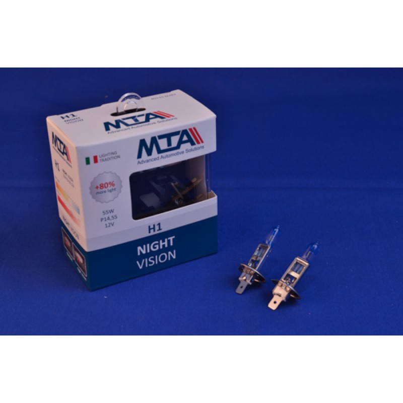 Лампа автомобільна H1 12V 55W P14.5S NIGHT VISION +80% (2шт) (ближня/дальня, протитуманна) MTA