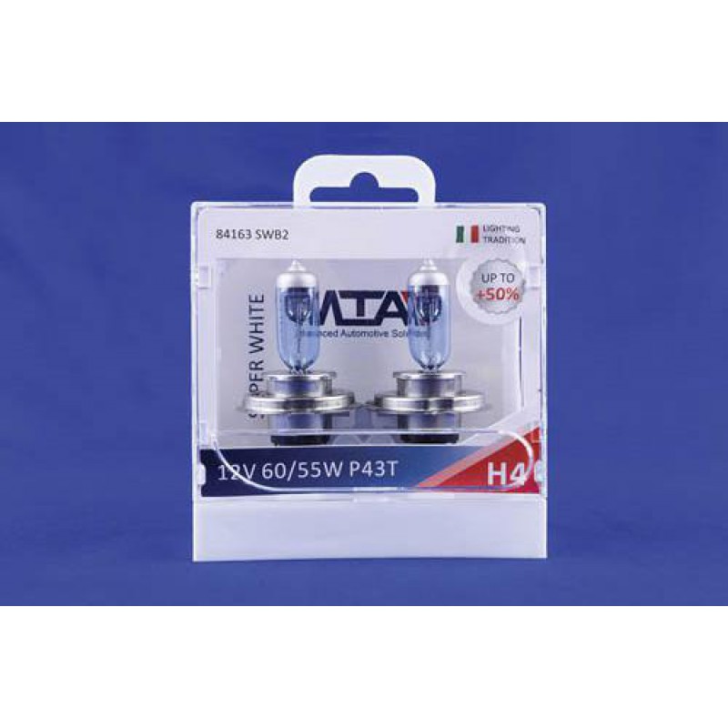 Лампа автомобільна H4 12V 60/55W P43T SUPER WHITE (ближня/дальня) (світло-блакитний) (2шт) MTA