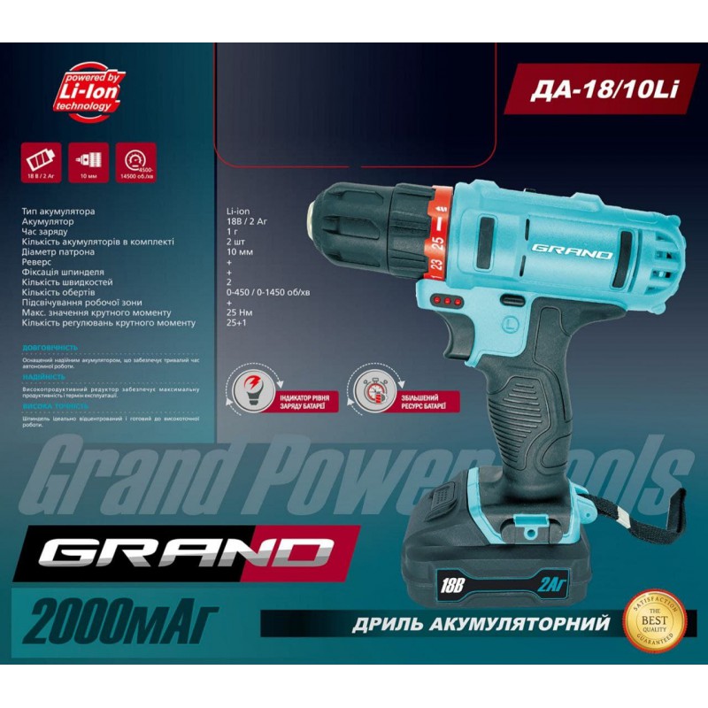 Акумуляторный шуруповерт Grand ДА-18/10 li-ion