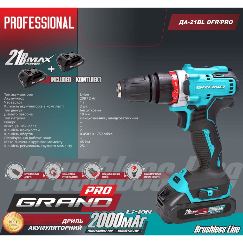 Шуруповерт аккумуляторный Grand ДА-21BL DFR/PRO (с быстросъемным патроном)