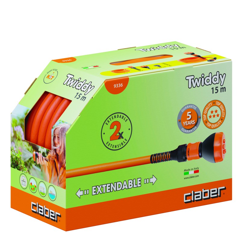 Шланг поливочный пружинный Claber 1/2' TWIDDY 15м, с коннекторами и распылителем.