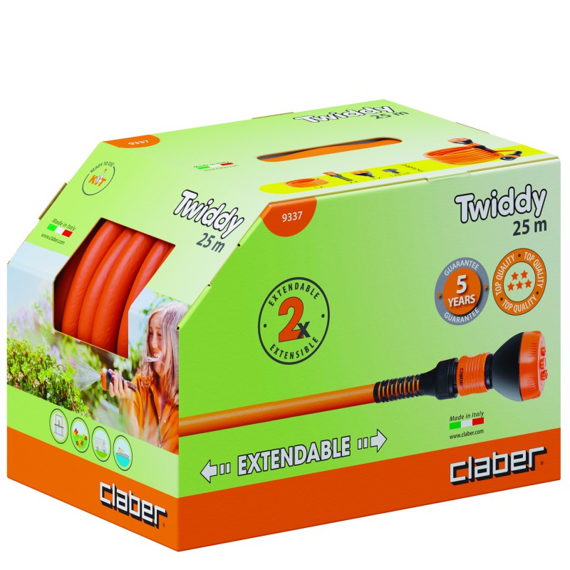 Шланг поливочный пружинный Claber 1/2' TWIDDY 25м, с коннекторами и распылителем.