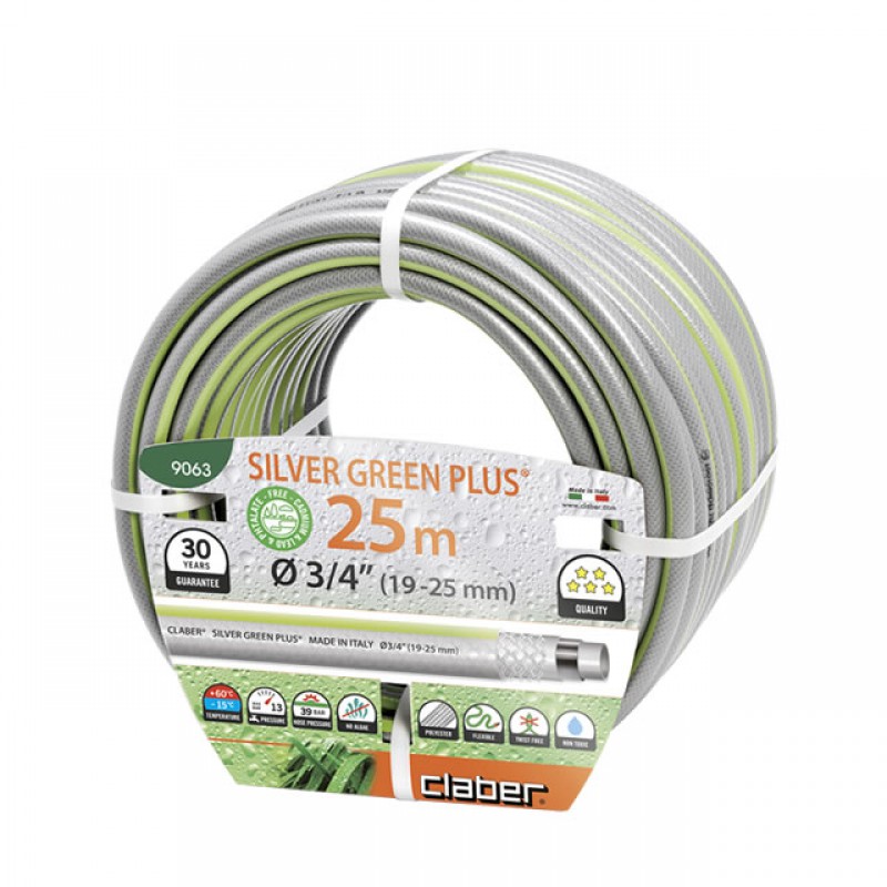 Шланг поливальний Claber 3/4' 25м Silver Green Plus, сірий із салатовою смугою