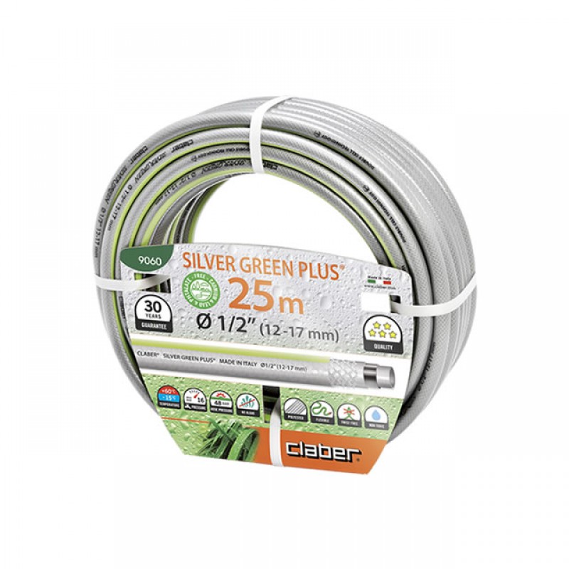 Шланг поливочный Claber 1/2' 25м Silver Green Plus, серый с салатовой полосой.