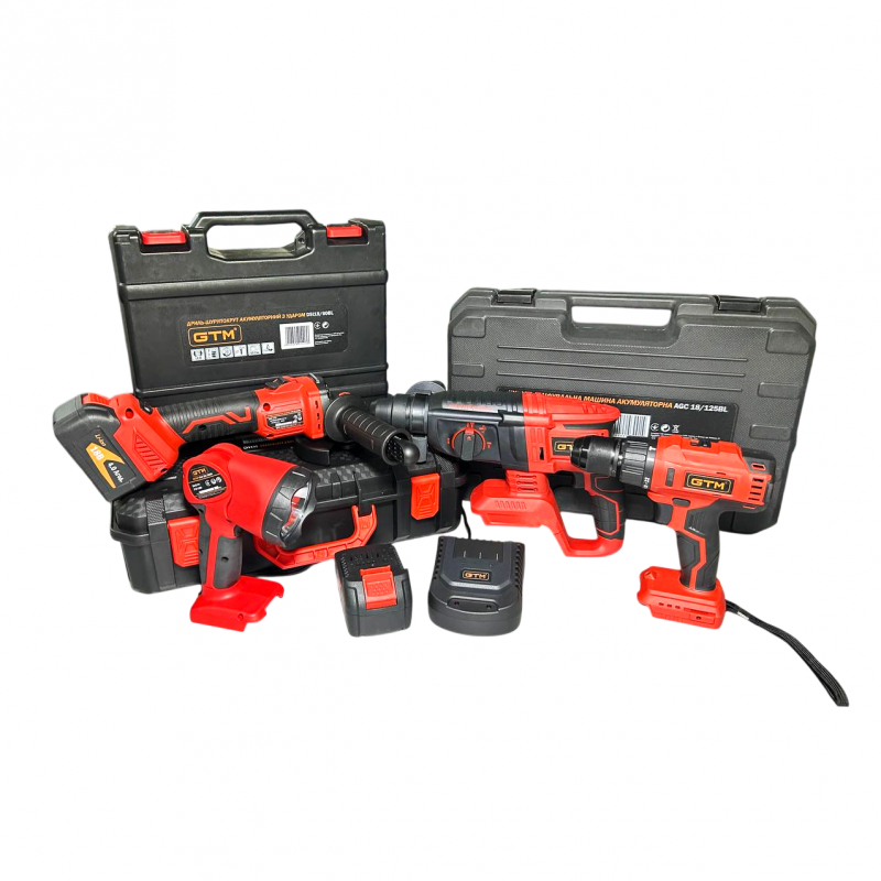 Набір ак. інструменту GTM (КШМ + Перфоратор + Шурупокрут + Ліхтар) Промо
