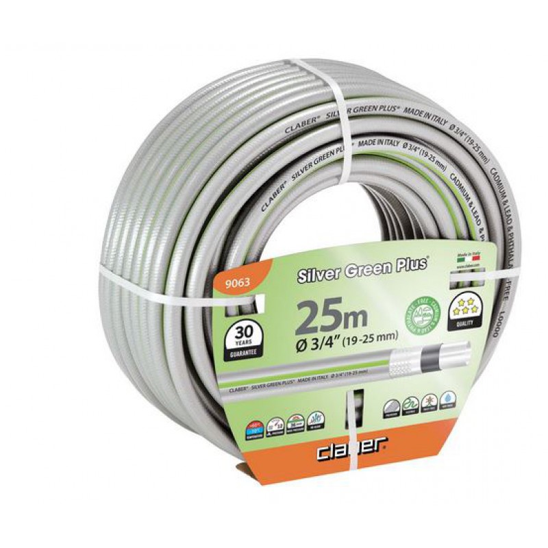 Шланг поливальний Claber 3/4' 25м Silver Green Plus, сірий із салатовою смугою