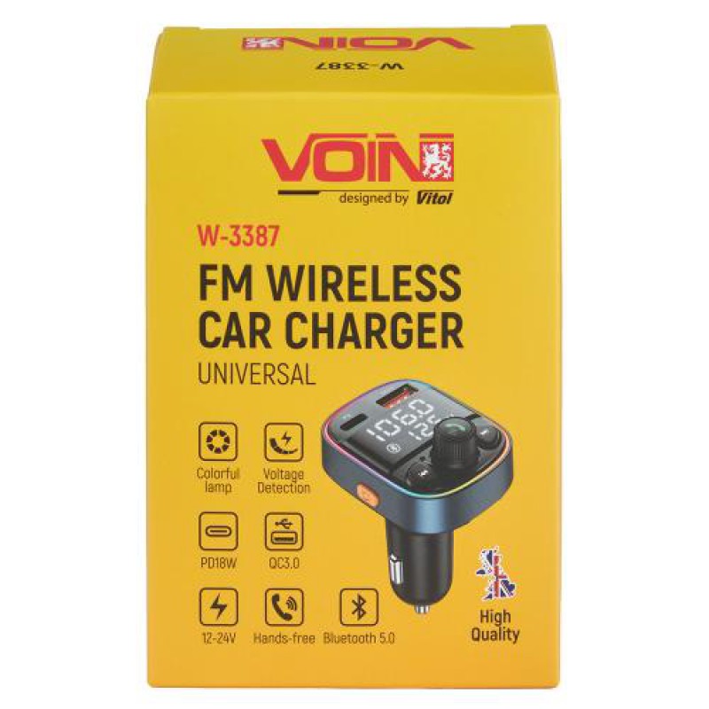 Модулятор FM, VOIN W-3387, 12-24V 1 USB QC3.0, PD 18W, BT5.0, Hands free, вольтметр