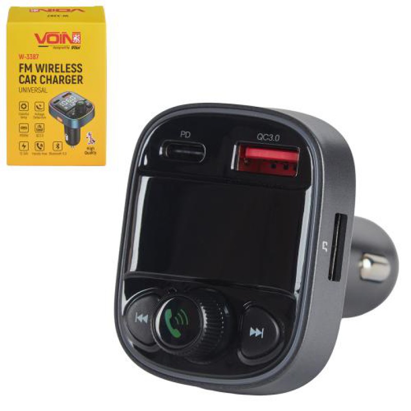 Модулятор FM, VOIN W-3387, 12-24V 1 USB QC3.0, PD 18W, BT5.0, Hands free, вольтметр