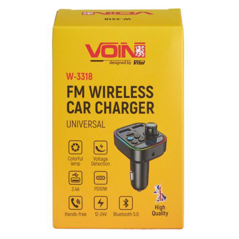 Модулятор FM, VOIN W-3318, 12-24V 2 USB 2.4A, PD 30W, BT5.0, Hands free, вольтметр