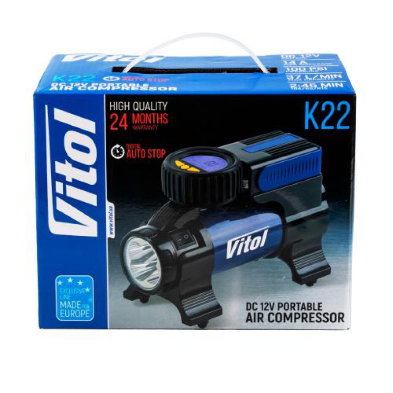 Компрессор "ViTOL" K-22 100psi/14Amp/37л/Фонарь/Автостоп/прикуриватель Компрессор "ViTOL" K-22 100psi/14Amp/37л/Фонарь/Автостоп/прикуриватель