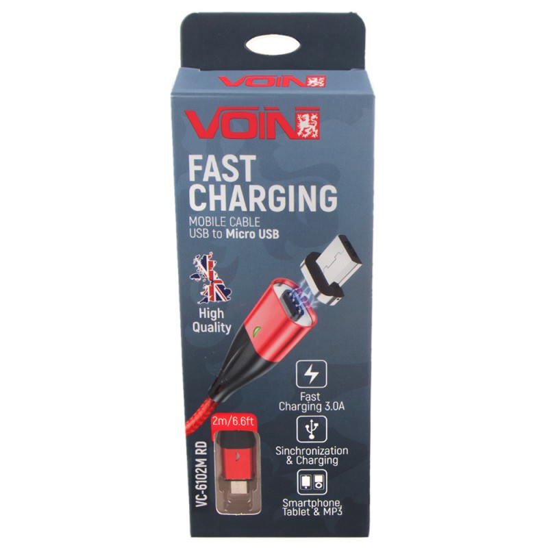 Кабель магнітний VOIN USB - Micro USB 3А, 2m, red (швидка зарядка / передача даних)