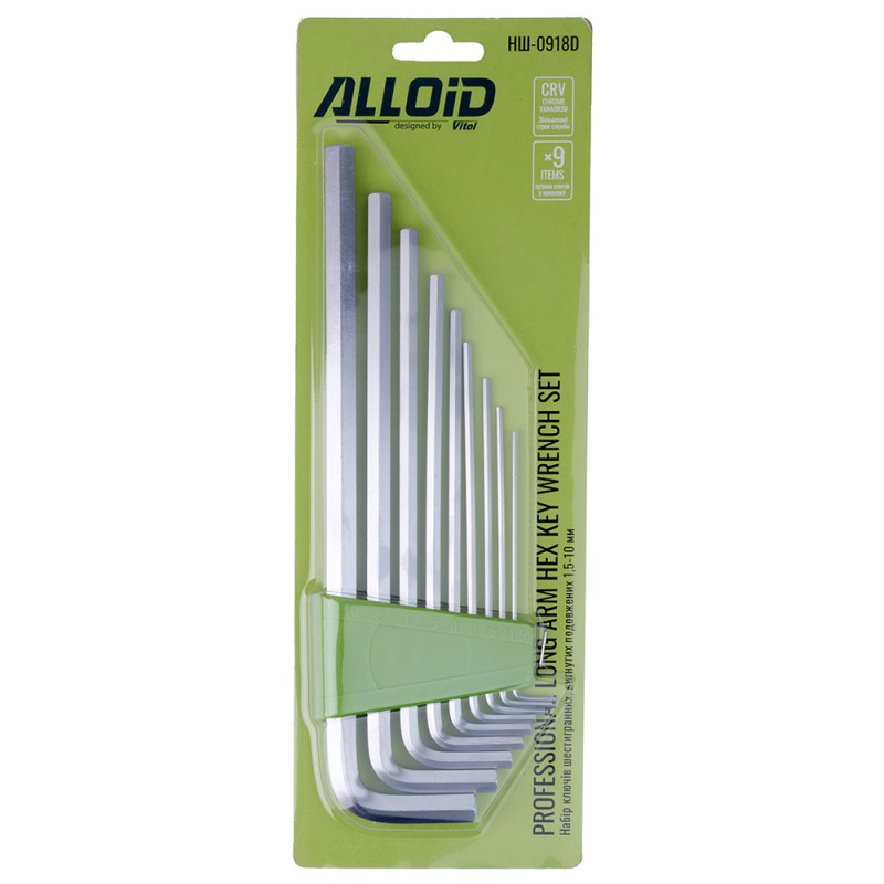 Alloid. Набор ключей шестигранных, изогнутых удлинённых. 9 пр. 1,5-10 мм. (НШ-0918D)