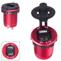 Автомобильное зарядное устройство 2 USB 5V2.1A  5V1A 12-24V врезное в планку + вольтметр метал. (54397 USB-12-24V 3.1A RED)