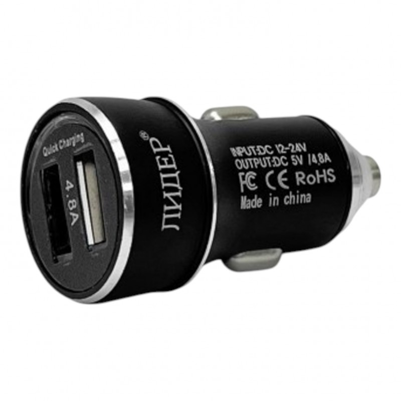 Автомобильное зарядное устройство Leader с 2 USB с подсветкой 5V 4.8A 12-24V Black