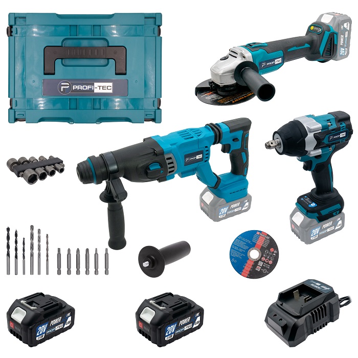 Акумуляторний набір інструментів PROFI-TEC Combo Set 3/5 POWERLine (PBH201BL, DTW800BL, DGA20BL) (2×PT2050MP (4.0 Аг), зарядний пристрій)