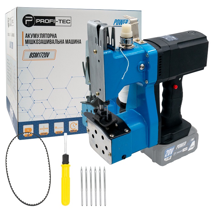 Акумуляторна машина для зшивання мішків PROFI-TEC BSM1720V POWERLine (20 В, 1700 стіб/хв, макс. товщина / довжина: 8.5 мм / 5.0 мм,без акумулятора та зарядного пристрою)