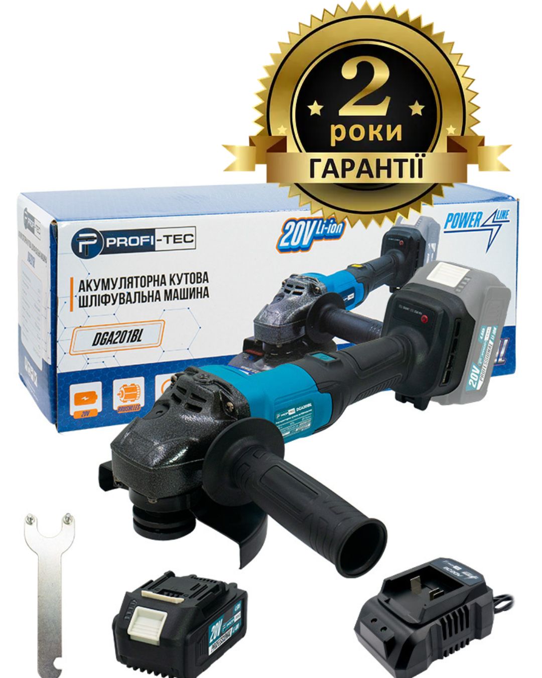 Акумуляторна кутошліфувальна машина (болгарка) PROFI-TEC DGA201BL POWERLine (1×PT2040EP (4.0Аг), зарядний пристрій)