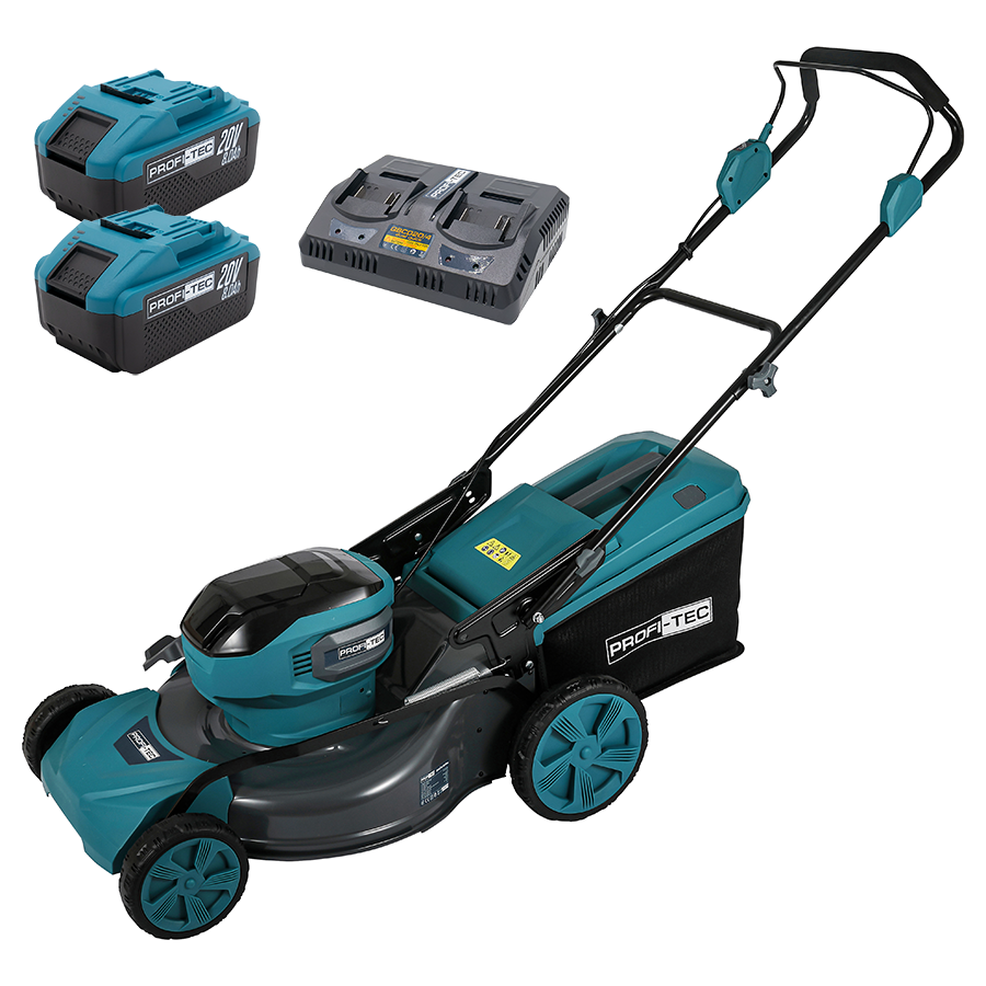 Акумуляторна газонокосарка ROFI-TEC EcoCut 51 Pro (40 В (2×20 В), безщітковий двигун, мульчування, ширина 510 мм, висота 30 - 80 мм, травозбірник 50 л) 2×PT2080EP (8.0 Аг), ЗП QBCD20/4 dual quick, коробка, заглушка для мульчування