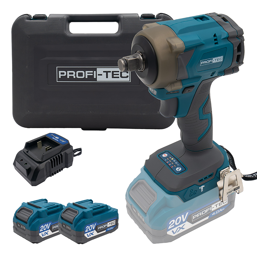 Акумуляторний гайковерт PROFI-TEC PPTW4520 POWERLine (20 В, безщітковий двигун, 400 Нм, хвостовик 1/2″,2×PT2040VX (4.0 Аг), зарядний пристрій)