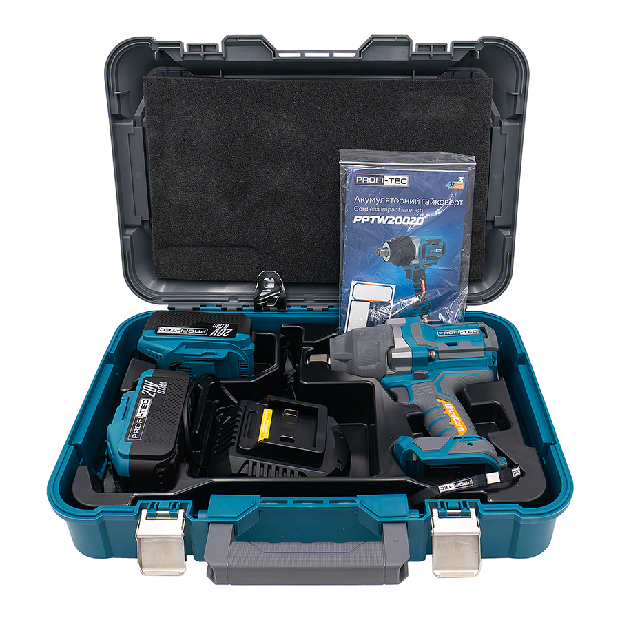 Акумуляторний гайковерт PROFI-TEC PPTW20020 UltraCore (20 В, безщітковий двигун, 2000 Нм, хвостовик 3/4″) 2×PT2080EP (8.0 Aг), швидкозарядний пристрій QBCD20/4 quick (4.0 А), кейс