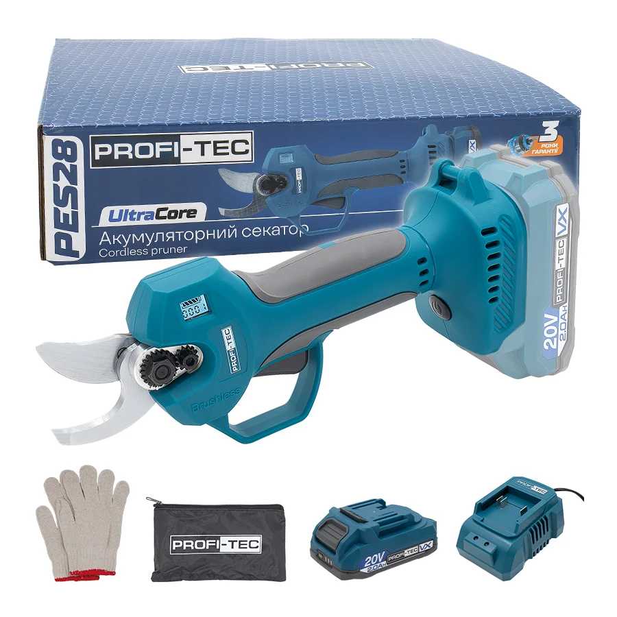 Акумуляторний секатор PROFI-TEC PES28 UltraCore (20 В, безщітковий двигун, різ 15 / 28 мм, 152 різ/хв) 1×PT2020VX (2,0 А·год), зарядний пристрій