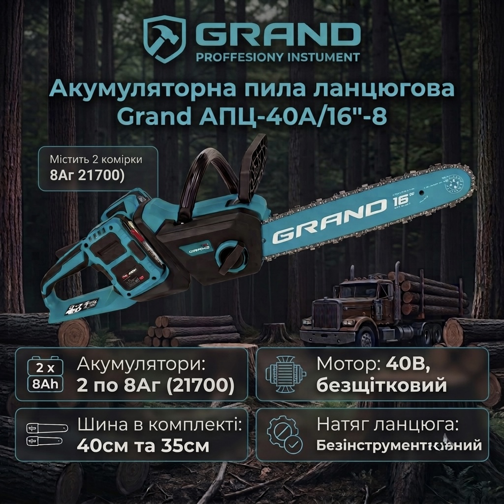 Акумуляторна ланцюгова пила Grand АПЦ-40А/16'-8, Безщітковий двигун, 40V (20+20)/8Аг, 360 м/хв, шини: 40см та 35см, 2 АКБ, коробка