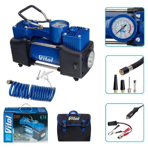 Компресор quot;ViTOL quot; K-74 150psi/15Amp /85л/2 циліндра /шланг 3,0м/прикур. +перехідник