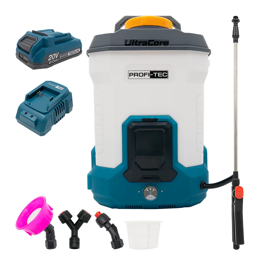Акумуляторний обприскувач PROFI-TEC PS-12L/20V (20 В, бак 12 л, тиск 4.0 бар, 2.9 л/хв) 1×PT2020VX (2.0 Aг), ЗП BC10, насадки, коробка